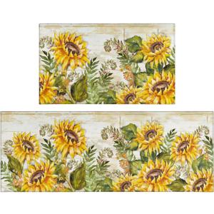 Sunflower Farmhouse Kitchen Rugs Set 2 Piece Colorful Summer Flowers Decorative Rug for Kitchen Low-Profile Floor Mats Decorations for Home Kitchen (17"x48"+17"x30")