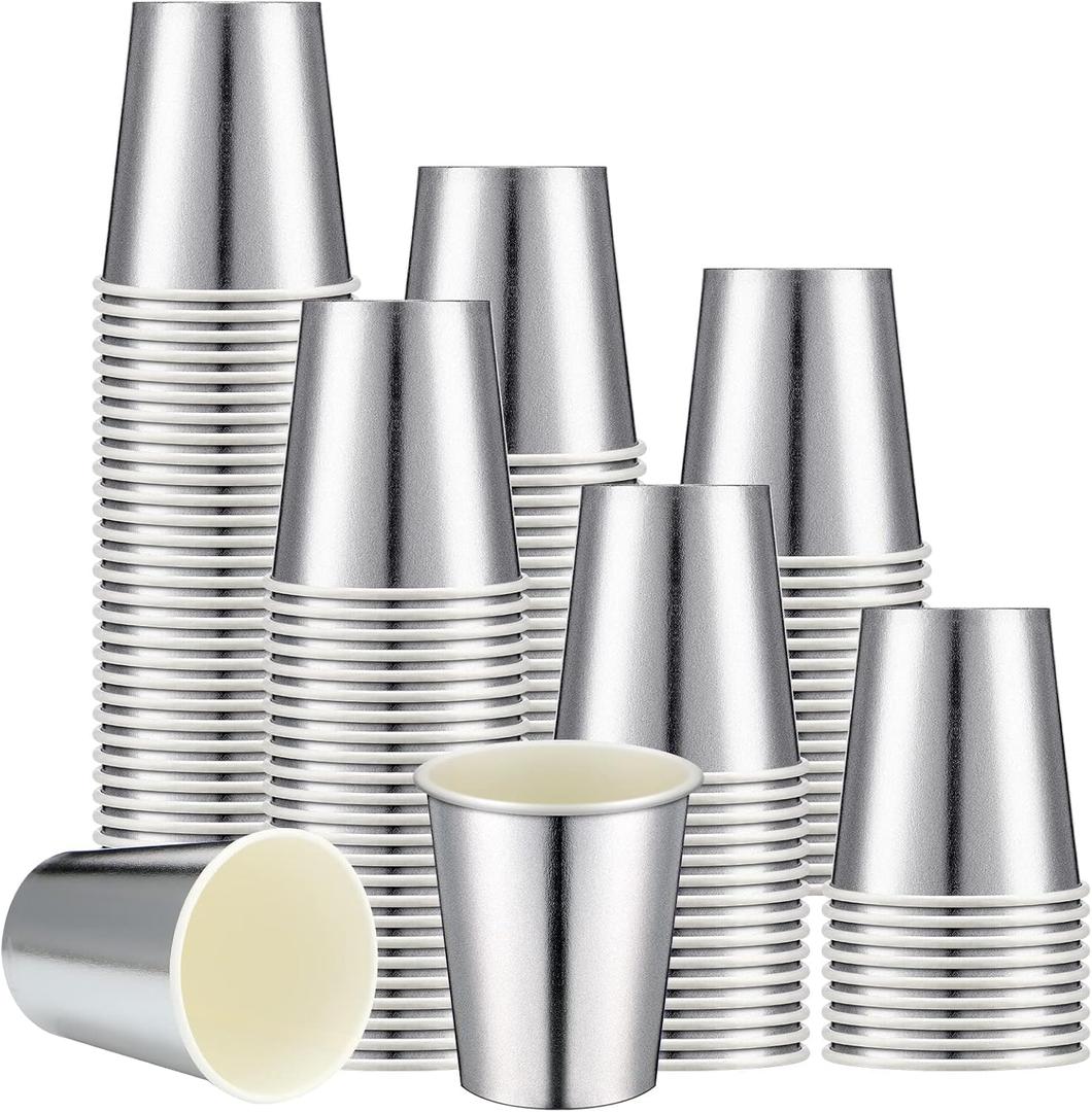 Amyhill 100 Pcs Disposable Silver Drinking Party Paper Cups 9 oz Iridescent Disco Lasering Cups for Hot Cold Drink Tea Coffee Cocktail for Home, Restaurant, Store and Cafe Party Supplies