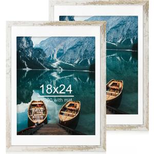 Hongkee 18x24 Frame Set of 2, Distressed White Wood Style - Display 18 x 24 Poster without Mat or 16x20 Picture with Mat, Wall Mounting Horizontal and Vertical