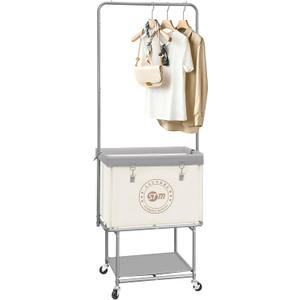 STORAGE MANIAC Rolling Laundry Cart with Hanging Bar & Storage Shelf, 110L Heavy Duty Large Laundry Basket with Clothes Hanging Rod, Study Clothes Hamper with Lockable Wheels, Beige