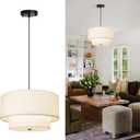 18" Drum Fabric Pendant Light, Large Modern Hanging Ceiling Chandelier Fixture with Dual Layer Fabric Shade, Ideal for Dining Room, Living Room, Bedroom, and Kitchen