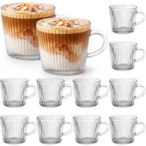 12 Pack Glass Coffee Mugs with Handle 8.5 oz Classic Vertical Stripes Glass Coffee Cups Clear Ribbed Tea Cups for Hot Cold Beverages Americano Latte Cappuccino(Elegant)
