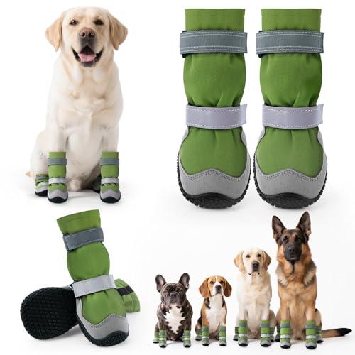 Winter Dog Snow Boots with Fleece Lining, Dog Shoes for Medium Large Size Dogs, Waterproof Dog Booties and Paw Protectors, Anti-Slip & Reflective Dog Shoes for Snow Outdoor, Hiking (Green-Size 4)