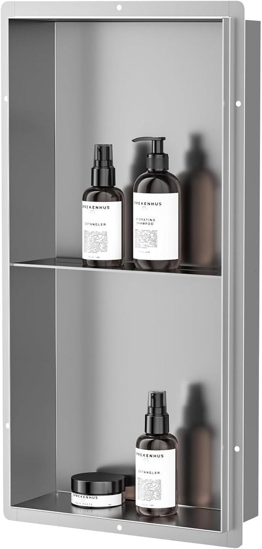 Neodrain 2-Tier Shower Niche Rimless 12X24 Inch Brushed Wall Niche Stainless Steel Bathroom Niches Shelf NO Tile Needed Recessed Cabinet Cubby Shower for Bathroom Storage