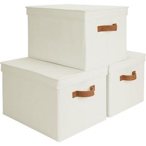 StorageWorks Storage Bins with Lids, Decorative Storage Boxes with Lid and PU Handles, Foldable Storage Baskets for Closet, Shelves, Stackable, Ivory, Jumbo, 3-Pack