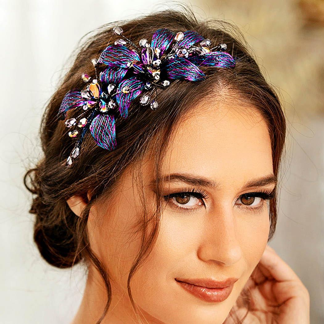 Formery Blue Crystals Bridal Headband Wedding Flowers Bride Hairband Prom Wire Floral Headpiece Hair Accessories for Women
