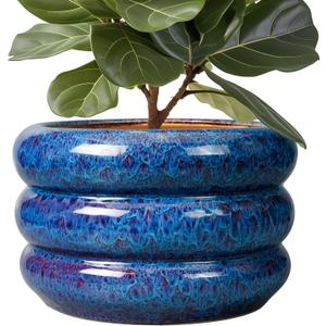SQOWL Ceramic Pot for Plants 13.5 Inch - Outdoor Planter Large Plant Pot Indoor with Drainage Hole Round Flower Pot Mid-Century Planter for Patio Outdoor Decor Blue