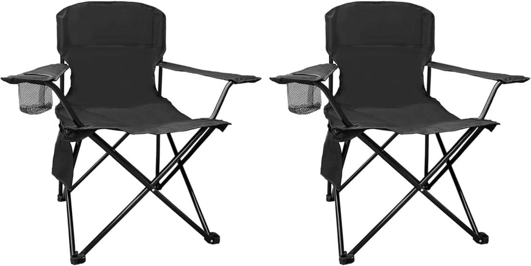 2PCS Folding Camping Collapsible Chairs Heavy Duty Lawn Chair with Cooler Bag, Storage Pocket, Waterproof Bag Outdoor Arm Chair, Supports 225LBS, Black