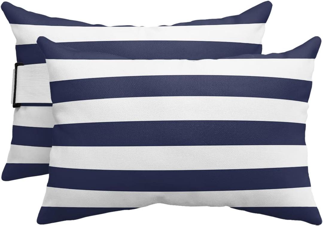 Recliner Head Pillow Lounge Chair Pillows with Insert Navy Blue White Stripe Lumbar Pillow with Adjustable Strap Outdoor Waterproof Patio Pillows for Couch Beach Pool Office Chair, 2 PCS (2PCS (11"x16"))
