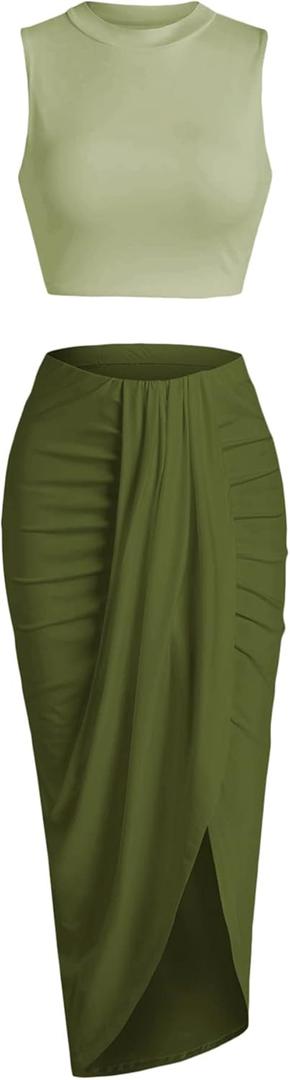 ZAFUL Women's Summer Two Piece Outfits Crop Tops and Slit Draped Ruched Maxi Skirt Set Tank Dress Sets Beach Cover Ups (B-Mix Green, S)
