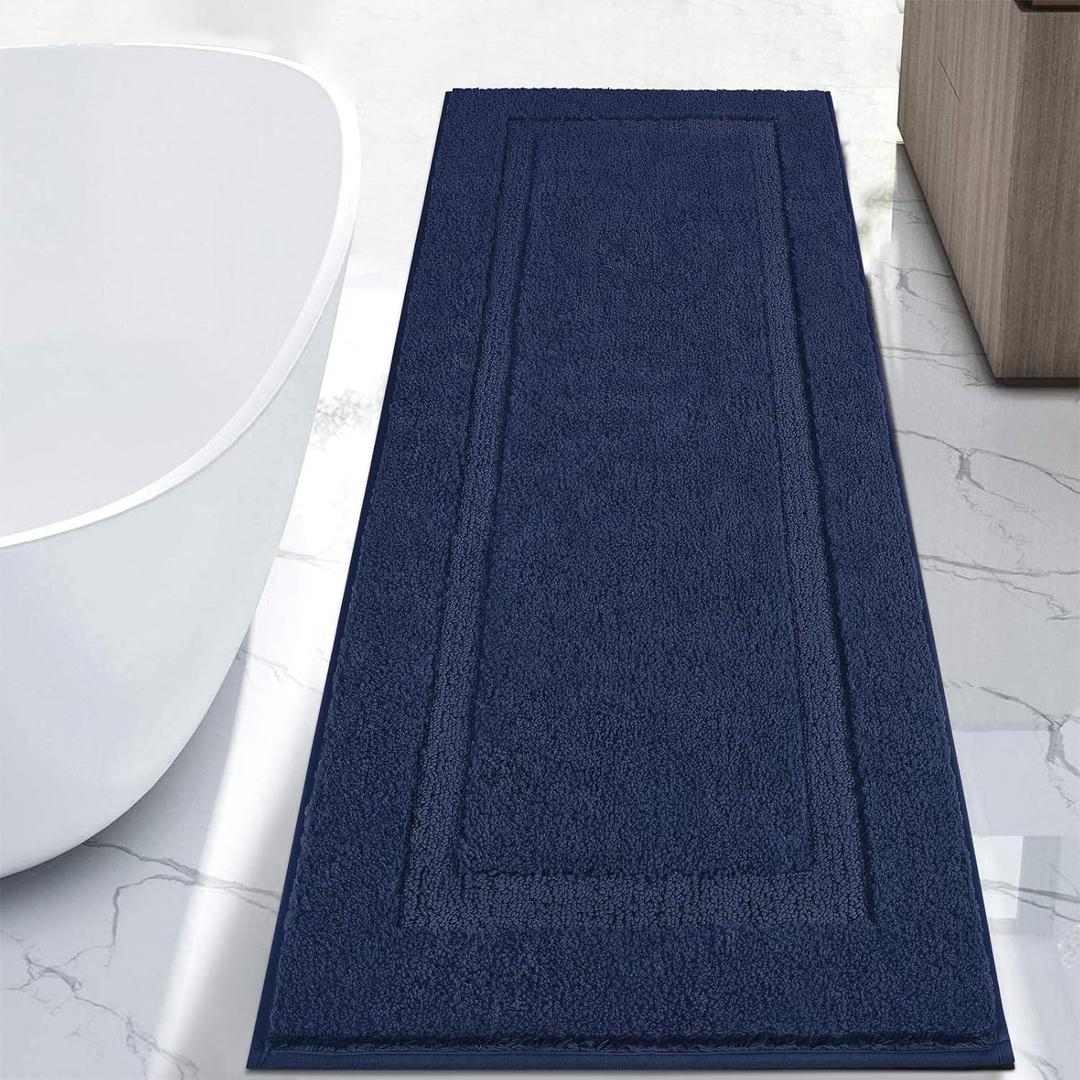 SHACOS Super Soft Long Bathroom Rugs 24"x60" Polyester Fluffy Bath Runner Non Slip Washable Absorbent Bath Rugs Mats Bathroom Accessories Tub Shower Vanity Carpet, Navy Blue 2'x5'