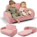 2-in-1 Sherpa Fold Out Kids Couch, Extra Wide Comfy Toddler Chair, Convertible Kids Sofa to Lounger, Foldable Toddler Couch with High Density Foam, Modern Kids Sofa Bed for Boys & Girls 3+, Pink