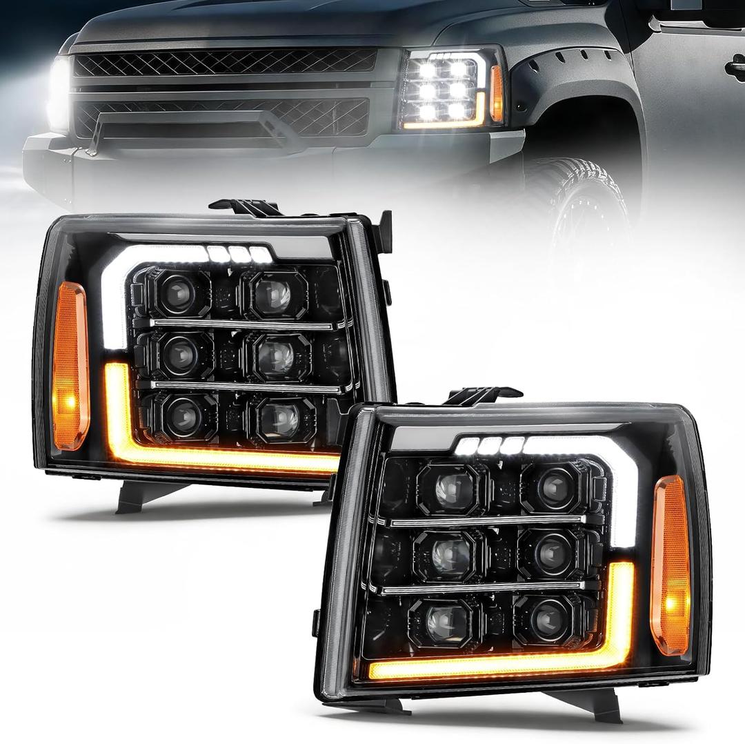 Partsam LED Headlights Assembly Compatible with 2007-2013 Silverado 1500 & 2007-2014 2500 3500 HD, DOT Approved Hi/Low Beam DRL Sequential Turn Signal Side Marker Lights 6500K IP67