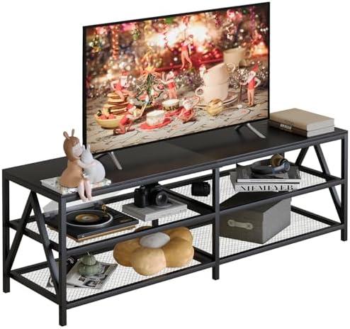 Katrawu TV Stand for TV up to 65 Inch, Long 55" TV Cabinet with 3-Tier Storage Shelves,Entertainment Center TV Console Table for Living Room with Industrial TV Metal Frame, Black Oak