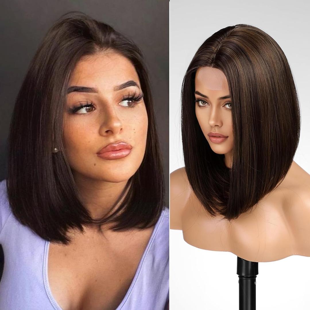 KOME Brown Highlight Short Bob Wigs,Brown Straight Shoulder Length Wigs for Women,Middle Part Heat Resistant Fibre Synthetic Wig Daily Use