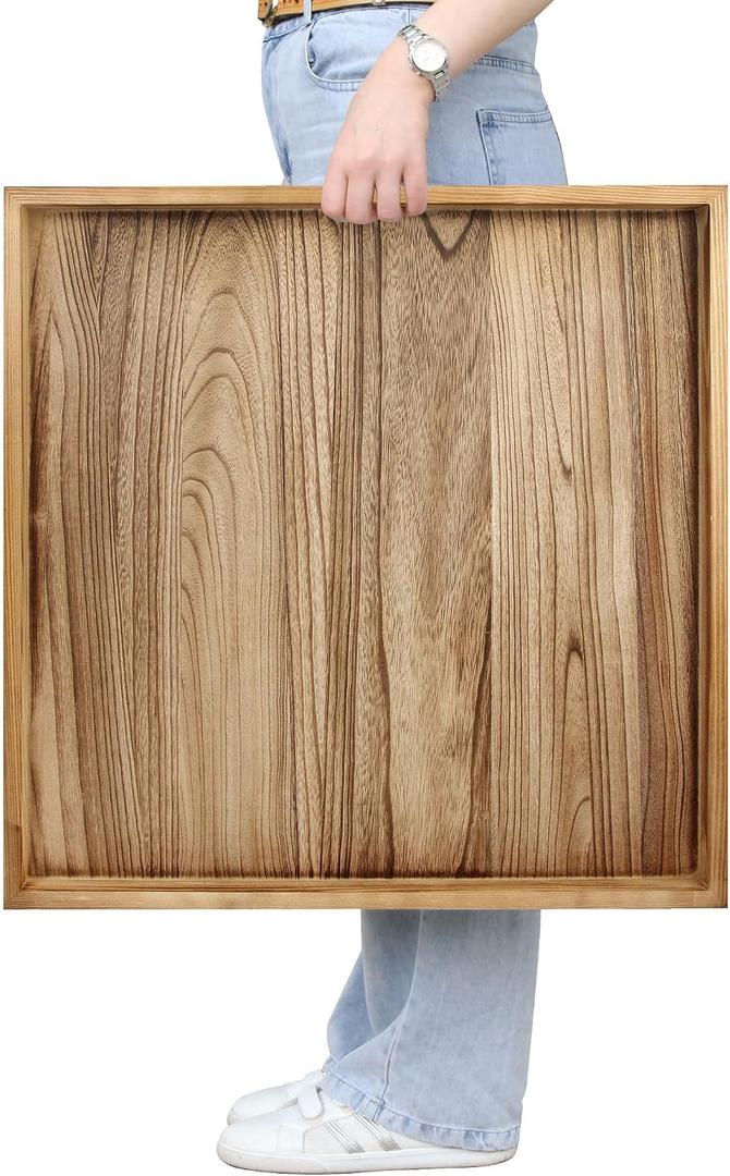 Gurfuy Square Ottoman Table Tray 24" - Rustic Wooden Serving Tray for Farmhouse Decorative Oversized Coffee Table Trays Living Room Kitchen Counter Breakfast Nature