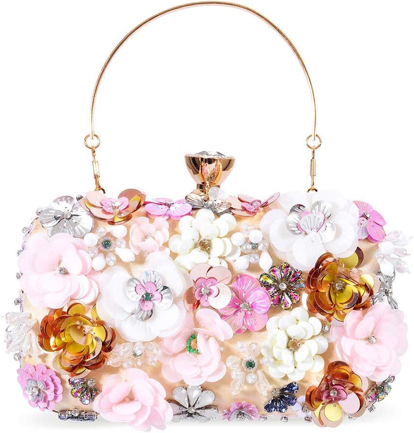 Womens Evening Clutch Bag Designer Evening Handbag Hand Bag,Lady Party Wedding Clutch Purse (Flower Beaded-gold)
