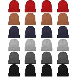 Toulite 24 Pcs Kids Winter Beanies Warm Cold Weather Hats Knitted Beanie Cap Solid Color for Boy Girl Children School Outdoor(Dark Color)