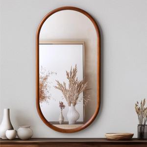 Navaris Oval Wood Framed Mirror - Wall Mounted - 15"L x 29.5"W - Brown Wood Frame - Oval Shape - Distortion-Free Reflection - Versatile Hanging Orientation - Bathroom, Bedroom, Entryway Wall Decor