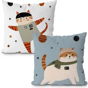 Space Cat Pillow Covers 18x18 Set of 2, Space Nursery Decor, Cosmic Planets Astronaut Cat Decorative Throw Pillow Covers for Kids Boys Room Playroom Nursery Decor