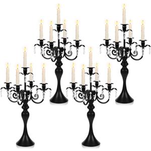 20''Tall Crystal Pendant Taper Candle Holders/Stylish Candle Stands/Candlesticks Holder/Candelabra for Home Decor, Weddings/Parties/Elegant Dining Table Centerpiece (4, Black, 5 Arm)