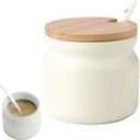 Ceramic Sugar Bowl, Porcelain Sugar Pot with lid and Spoon, 300ml/10.56oz Seasoning Storage Jar Salt Pot Salt Container for Coffee Bar, Home Kitchen(Beige)