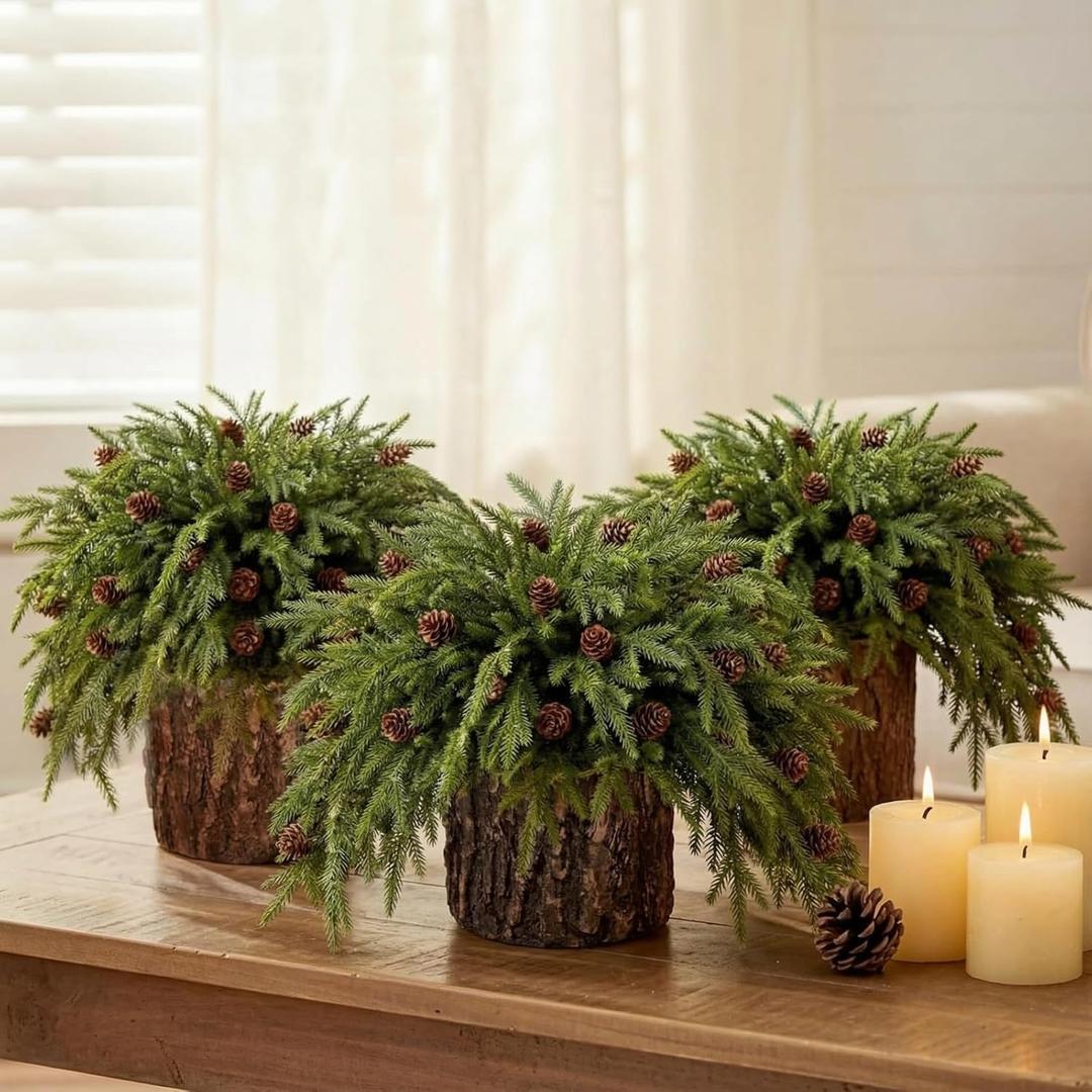 3 Sets Christmas Norfolk Pine Stems with Pinecones Berries 12 Inch Faux Artificial Greenery Plants Norfolk Branches Picks Christmas Table Decor for Vase Xmas Home Garland Decor (Pine Cones)