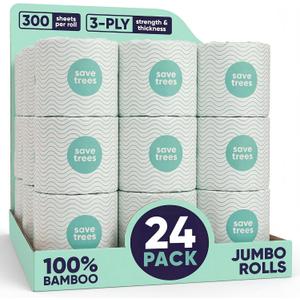 Save Trees Bamboo Toilet Paper -24 Rolls Of Septic Safe Organic Toilet Paper 3-ply, 300 Sheets Per Roll - PFAs Free, FSC Certified, Plastic & Chemical Free - For Home, Boat & RV Use