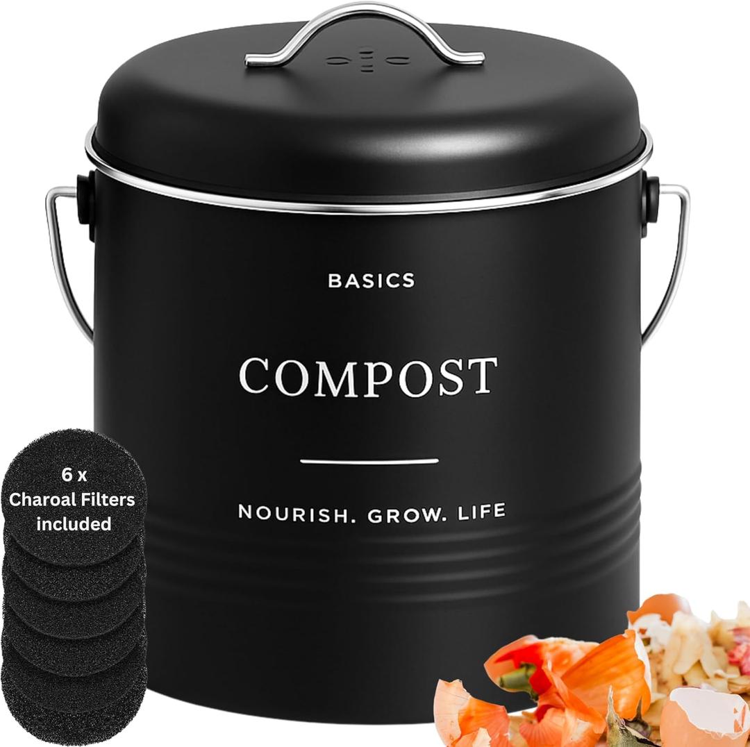 D'Lifeful Kitchen Compost Bin  1.3 Gallon Countertop Farmhouse Compost Container with Lid  Odorless Indoor Food Scrap Pail with 6 Charcoal Filters  Eco-Conscious and Easy to Clean - Black