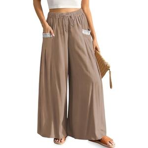 TARSE Women's Linen Wide Leg Pants Flowy Palazzo Trendy Casual Lounge Boho Drawstring Trousers Summer Beach with Pockets M