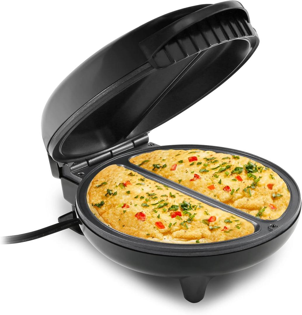 Elite Gourmet EOM205 Non-Stick Omelet, Frittata, Snack Pocket Maker, Dessert Maker, 2 Individual 6.5" Omelets, Stainless Steel and Black