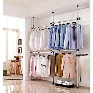 Floor to Ceiling Clothes Racks for Hanging Clothes, 4 Crossbars, Adjustable
Tension Rod Garment Rack, Steel Poles, PP Bases, Freestanding, 281 to 329cm Height, 153.5 to 272cm Length