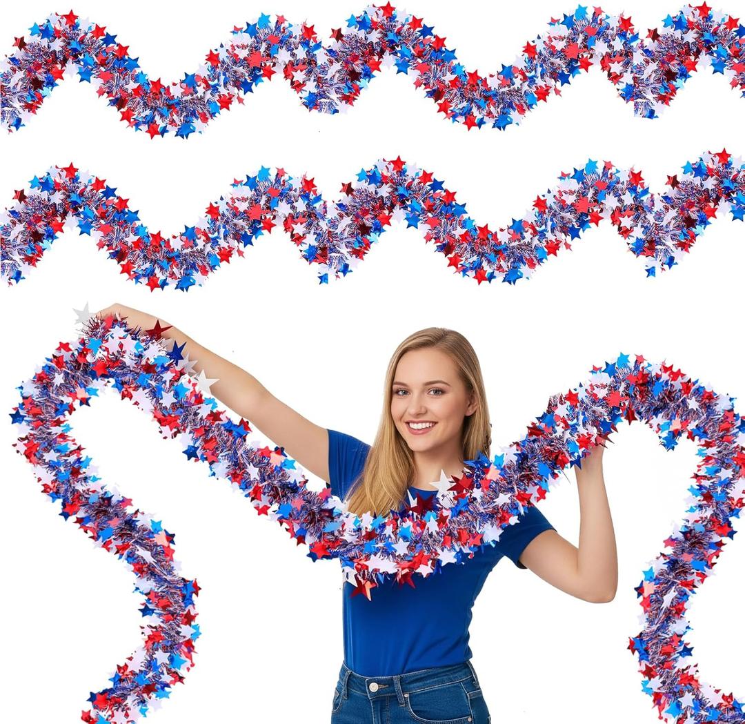 4th of July Garland Decorations 50Ft Glitter Tinsel Patriotic Garland for Home Party Holiday Memorial Day Independence Day 4th of July Golf Cart Parade Float Bike Decorations