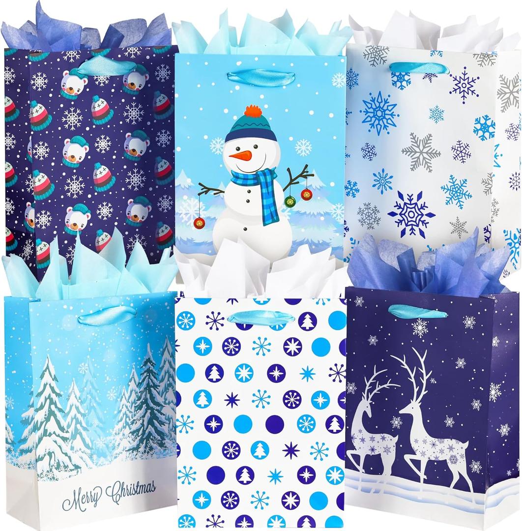 SPERPAND 24 Pack Small Christmas Gift Bags with Tissue Paper, 8.7"x6.3"x3.1", Blue and White Xmas Gift Bags Bulk with Handles for Christmas, Birthday Parties, Gift Wrapping