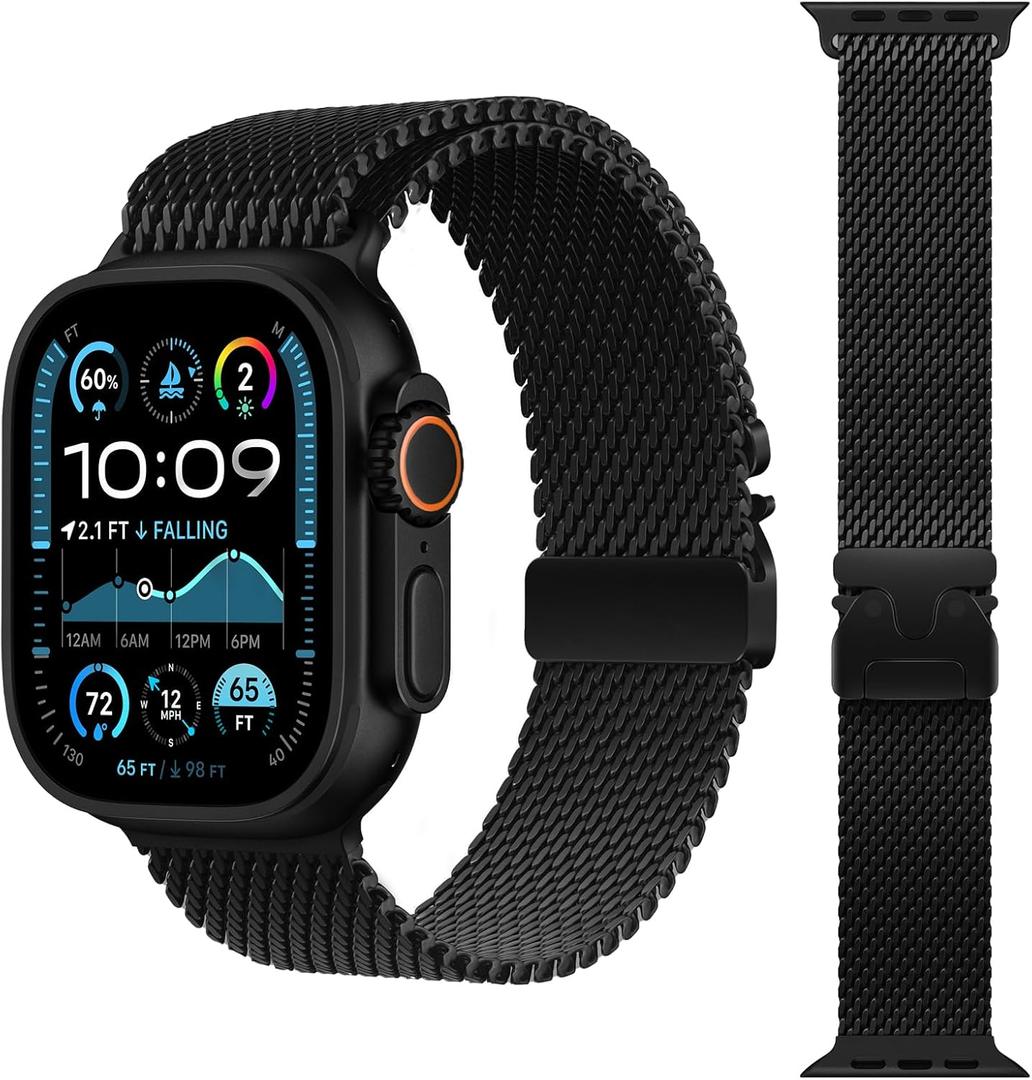 Milanese Loop Band Compatible with Apple Watch Bands Ultra 2/Ultra 49mm 46mm 45mm 44mm for Women Men, Parachute-style Buckle Metal Mesh Breathable Strap Bracelet for iWatch Series 10 SE 9 8 7 6 5 4 (Black)