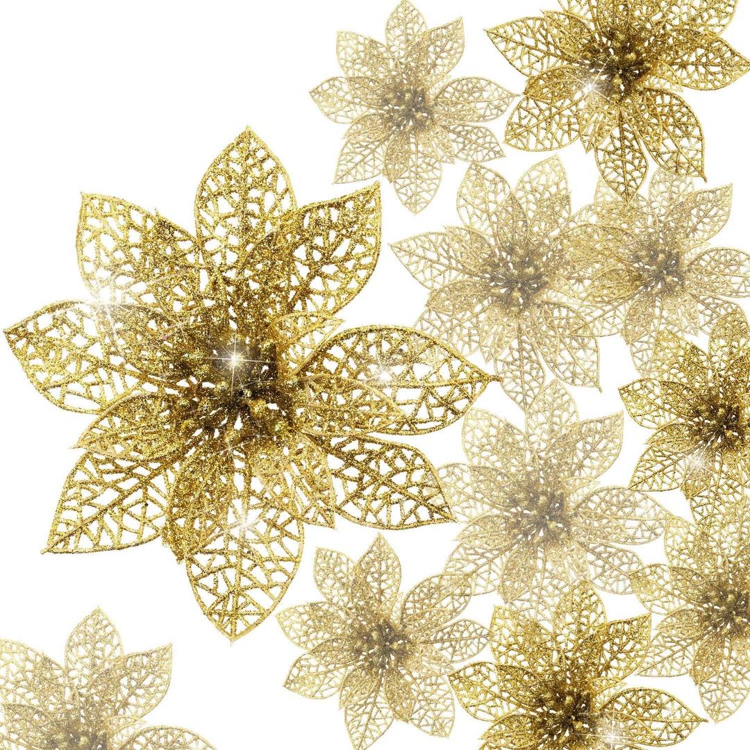 Boao Gold 24 Pieces Poinsettia Flower Christmas Glitter Artificial Poinsettia with Clips Christmas Tree Ornament Decorations for DIY Xmas Wreath Holiday Home Party Decor, 3/4/6 Inches