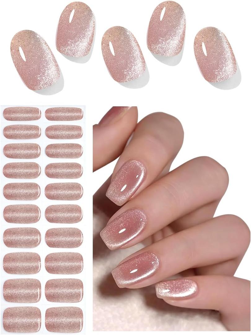 Semi Cured Gel Nail Strips, Nude Cat Eye 20pcs Stickers Work with UV, Wraps for Home Nail Art DIY, Easy to Use and Remove