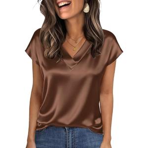 Nfsion Tops for Women Silk Satin Cap Short Sleeve Blouse V Neck Shirts Business Casual Outfits (M)