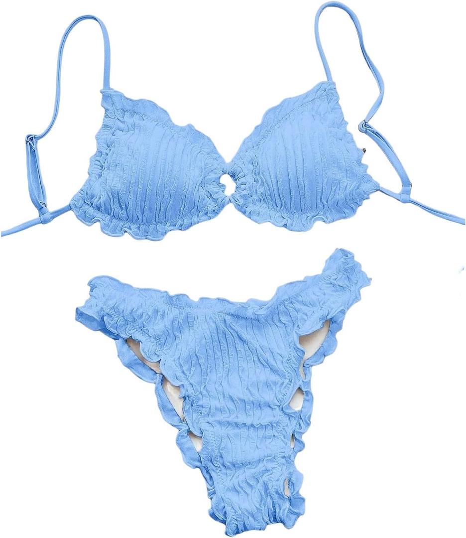 RoseSeek Women's Two Piece Textured Bikini Set Ring Linked Triangle Bathing Suit Tie Back Cheeky Swimsuit (Blue, S)