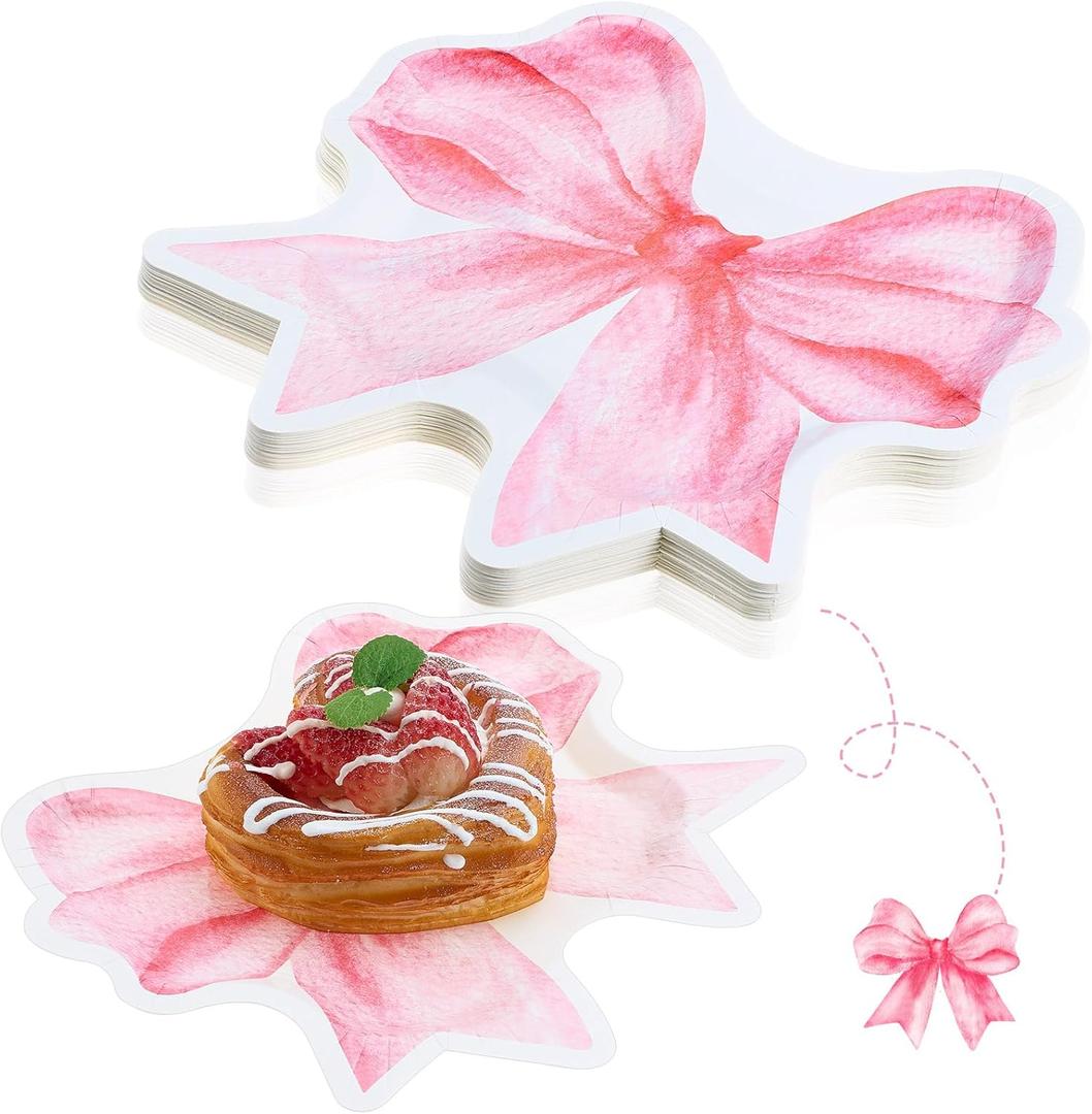 meekoo 24 Pcs Pink Bow Party Paper Plates Disposable Coquette Bowknot Shape Plates Cute Bow Theme Party Decorations for Dinner Dessert Picnic Birthday Wedding Baby Shower Bachelorette Supplies
