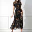 GothDark Women's Summer Floral Mesh Ruffle Dress Short Sleeve Round Neck Waist Cinched Casual Maxi Wedding Guest Dresses (Black) S