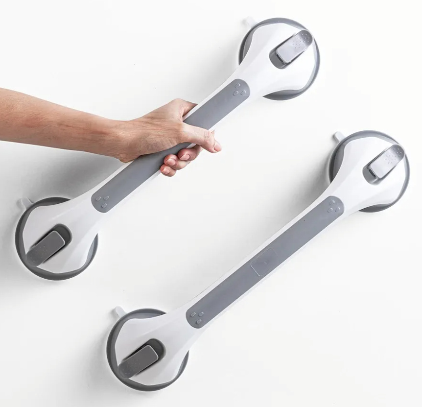 LEVERLOC 2 Pack Shower Grab Bars for Bathtubs and Showers, Easy to Install Suction Shower Handles for Bathroom Removable Handrails for Seniors Elderly Heavy Duty Safety Grip Waterproof Drill Free Gray