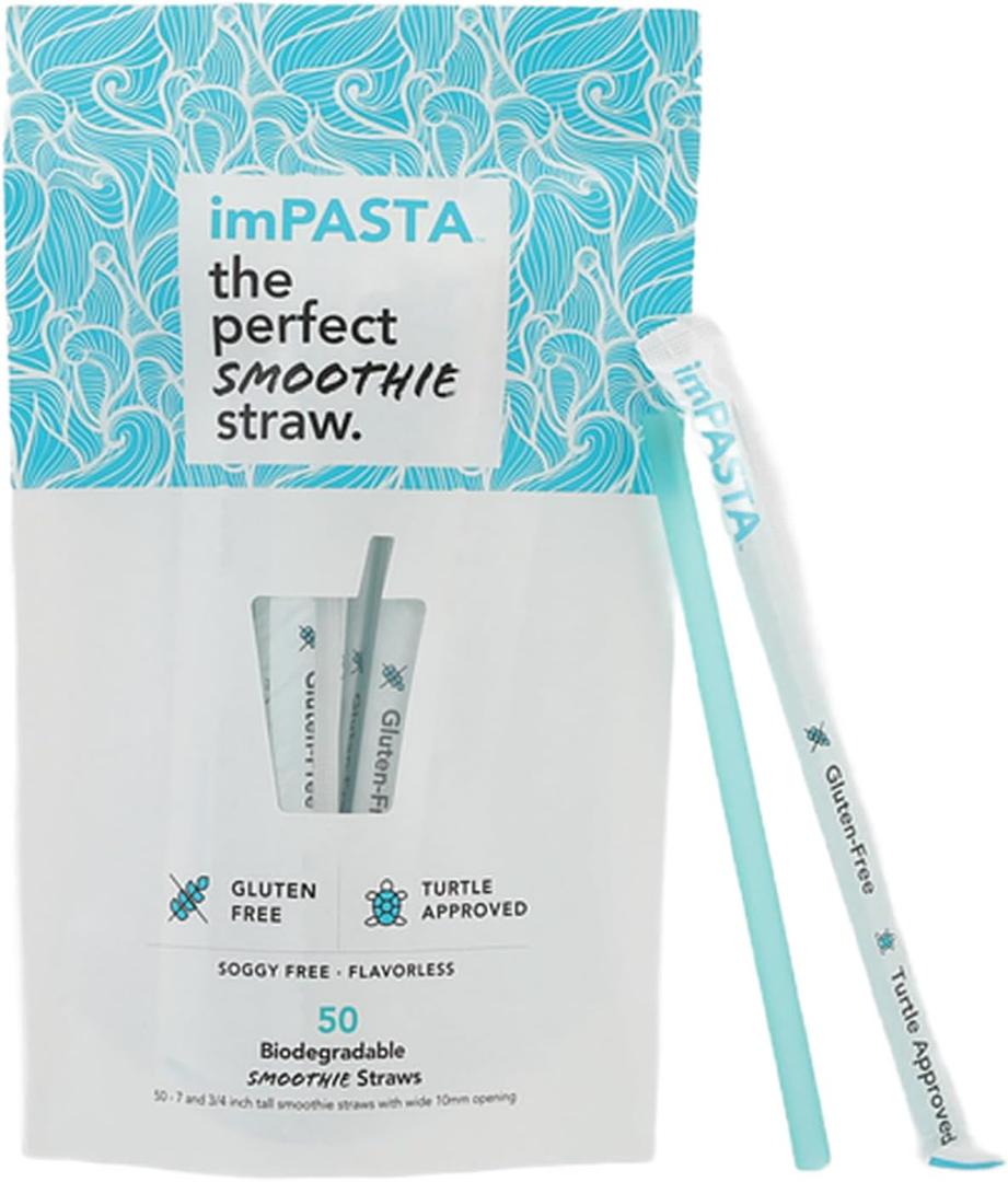 imPASTA Straws Biodegradable Smoothie Straws 7.75 Inch - 50 Count, Vegan-Friendly, Gluten-Free & Compostable,100% Flavourless, Never Cracks, Eco-Friendly Straws Alternative to Plastic Straws - Blue