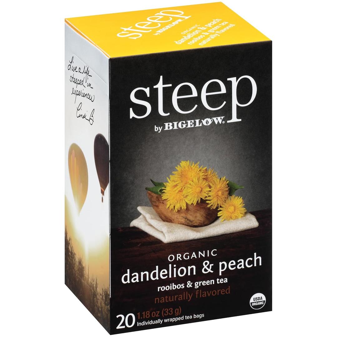 Bigelow Tea Steep Organic Dandelion & Peach with Rooibos & Green Tea Bags, Caffeinated, 20 Count, Pack of 6