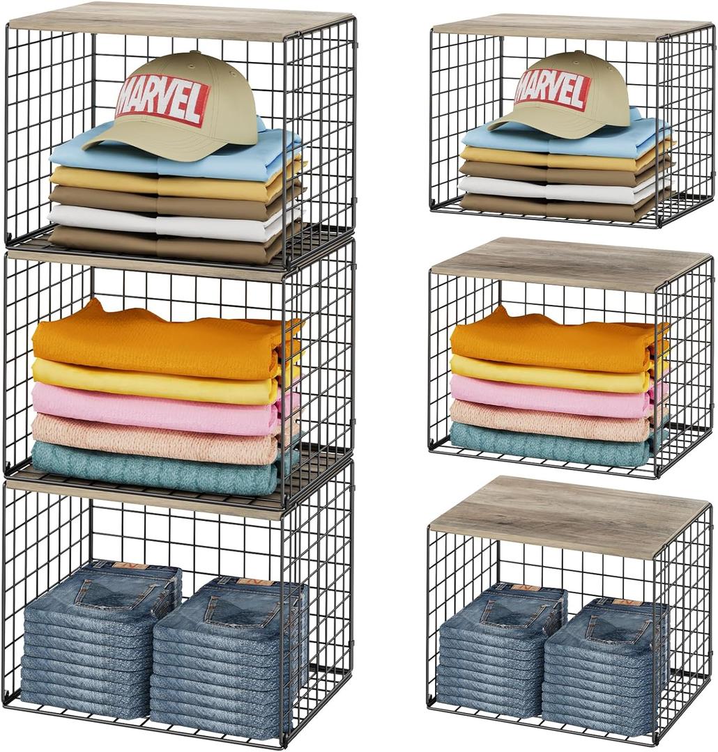 Widened & Heightened Closet Organizers And Storage Shelves With Top Board, Set of 3 Stackable Closet Shelf Organizer Storage Bin Basket For Clothes Sweaters,Space-saving, Sturdy,Wider Higher Size (Black)