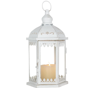 Lanterns Decorative Outdoor&Indoor, White Metal Lantern Decor with Glass, Candle Holder for Porch, Patio, Garden, Fall, Wedding, Christmas, Table Centerpiece