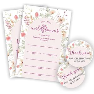 4 x Baby Shower Invitations - Our Little Wildflower Is Almost Here, 20 Fill In Watercolor Floral Invites With Envelopes And Stickers For Girl Boy, Gender Reveal Games, Party Favors And Supplies - A07