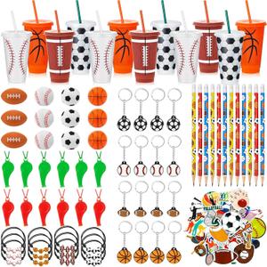 12 Set Sport Party Favors Football Basketball Soccer Baseball Goodie Bags Include Cups with Straw Mini Stress Ball Keychains Bracelets Whistles Stickers Pencils for Party Birthday Supply
