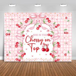 She's The Cherry on Top Baby Shower Backdrop 7x5ft Pink Bow Baby Shower Background Party Decorations for Girl Cherry Birthday Bridal Shower Banner Photo Booth Props