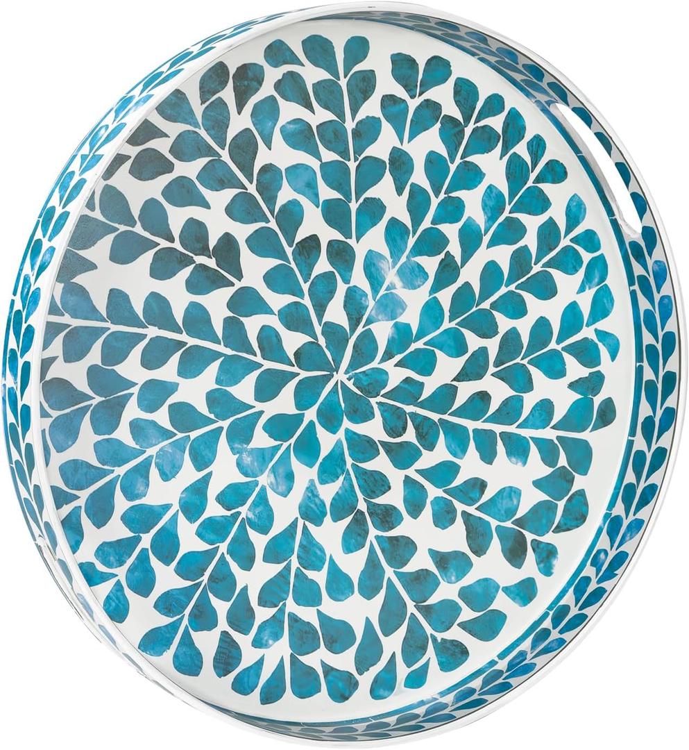 MAONAME Blue Decorative Tray, 13" Round Serving Tray with Handles, Leaf Pattern Sticker Trays for Coffee Table, Plastic Trays for Living Room, Bedroom